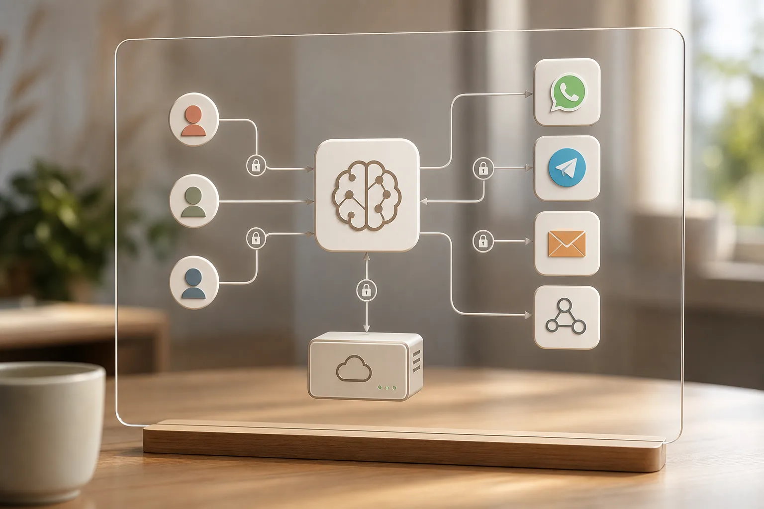 Visual of multi-channel chatbot flow on WhatsApp, Telegram, and email