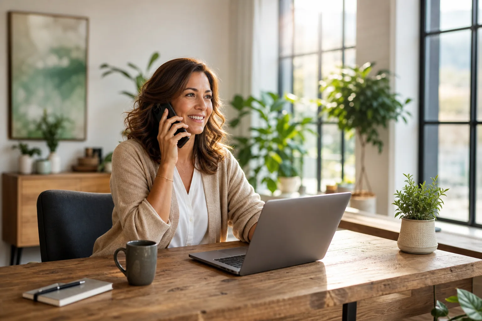 Owner messaging an AI assistant on phone with WhatsApp and Telegram icons on a desk