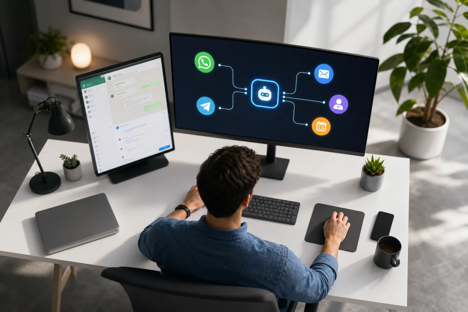 Flow diagram: WhatsApp and Telegram messages routing to AI agents, email actions, and CRM updates